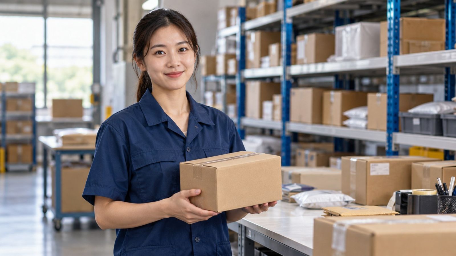 Illustration of a warehouse worker receiving an online shopping parcel in China