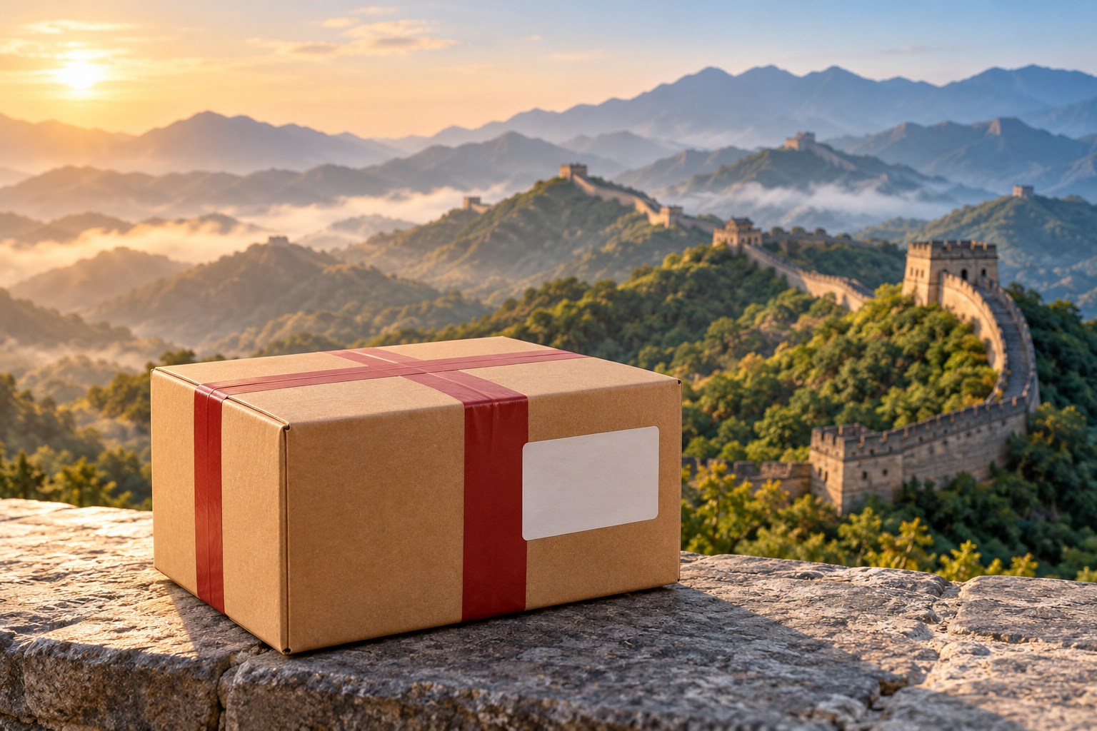Conceptual image of a parcel with the Great Wall of China and mountains in the background